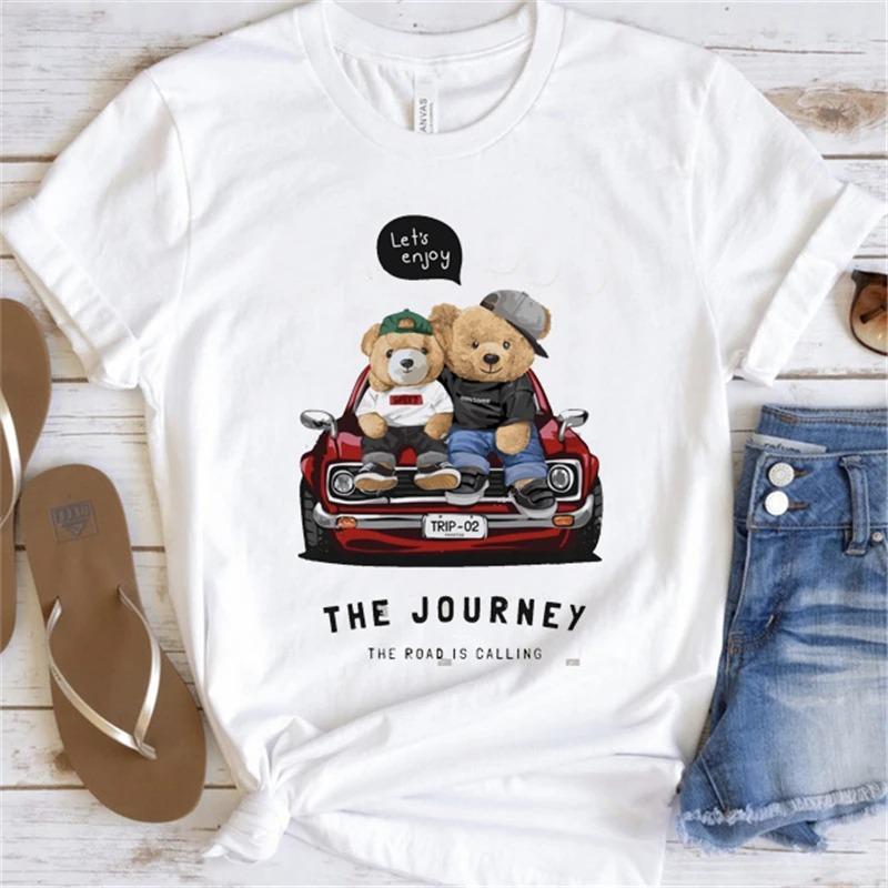 Cute Little Bear Print TShirt Summer Trend White Short Sleeve Neck Casual Sports Aesthetic Clothes Womens Graphic T Shirts