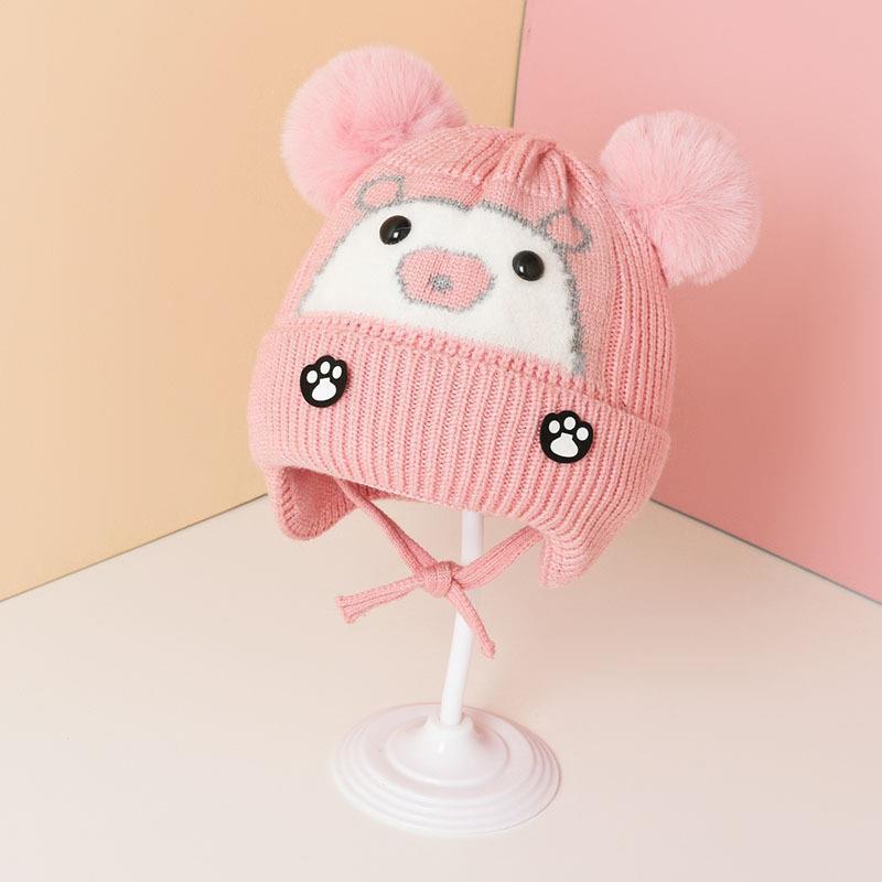 

Plush Ball Baby Knitted Cap Thicken Warm Hat New Ear Protection Cap розовый