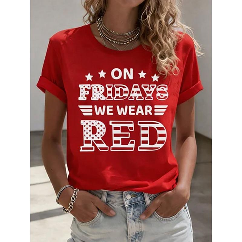 New Arrival Womens Red Friday Print TShirts Summer Short Sleeve Tops Casual Round Neck Tees