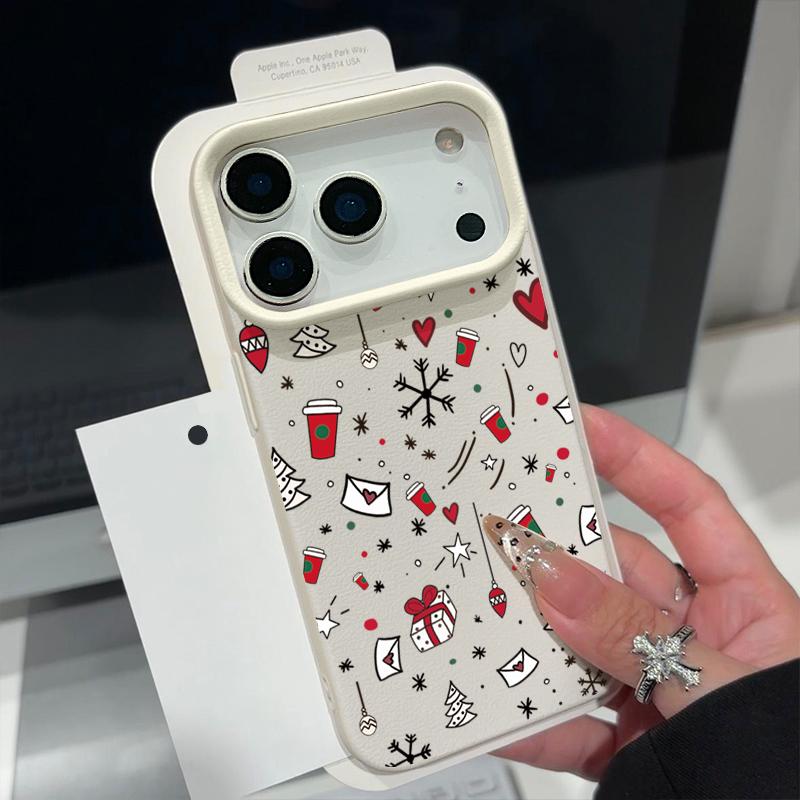 Full-Coverage Christmas Pattern iPhone Case for iPhone 17 16 15 14 Fro Max 13 Air - Festive Shockproof TPU Cover with PU Leather Texture