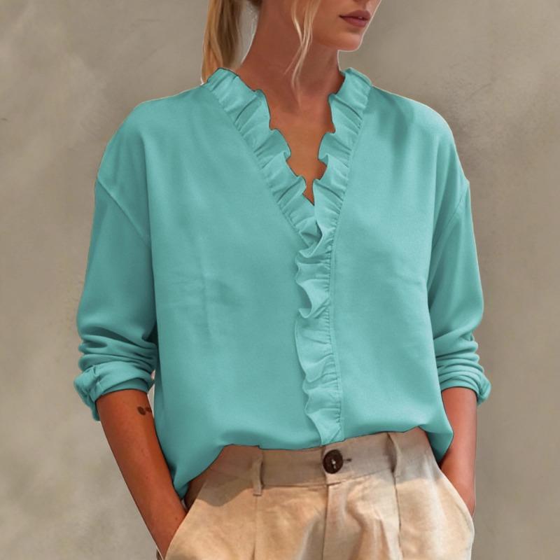 Neue Damen Freizeitbluse mit Spitze, Rüschen und V-Ausschnitt, langärmlig