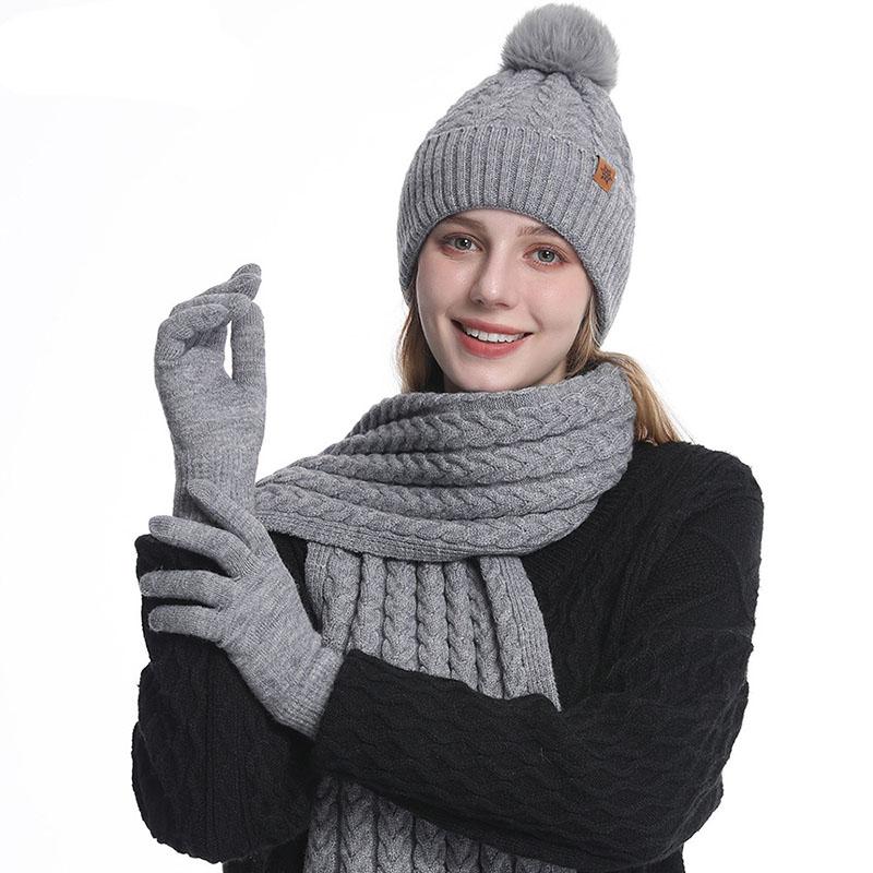 3Pcs Winter Warm Set Knit Hat Scarf Gloves Ear Protection Alpaca Wool Blend Women Cold Weather Riding Gear Multi Color