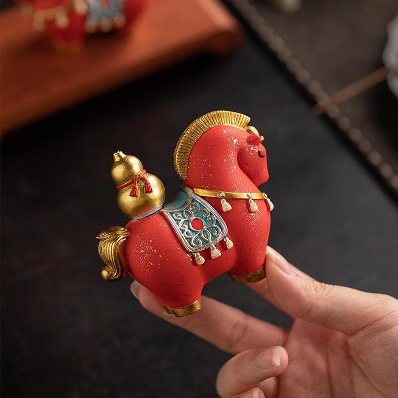 JINGRUIXIANG Guochao Rotating Tang Horse & Yuanbao Wealth Figurine Pair