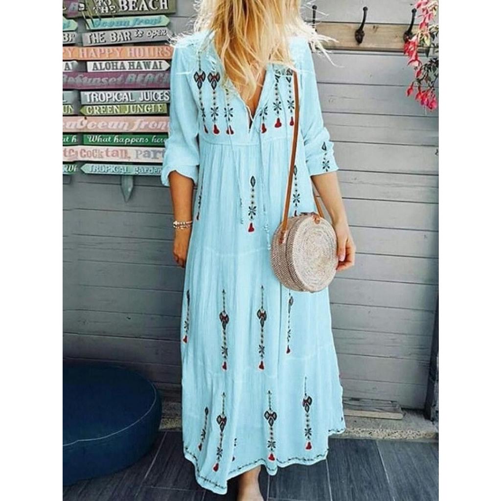 Spring Summer New V-Neck Multi-Color Printed Long Dress, European American Style Women's Dress