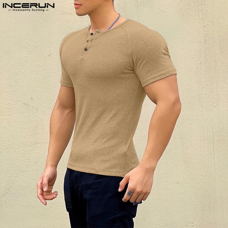 INCERUN Summer Men Short Sleeve Casual Texture Henley Tops T-shirts