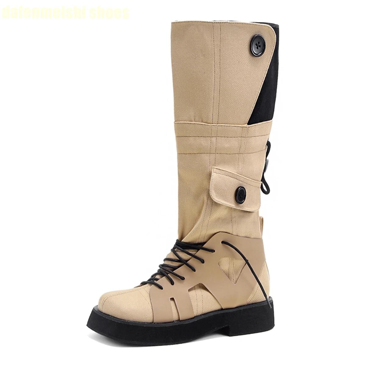 

2025 Winter Women Boots Mixed Color Splicing Knee High Boots Rubber Platform Square Toe Lace Up Novelty Boots 40