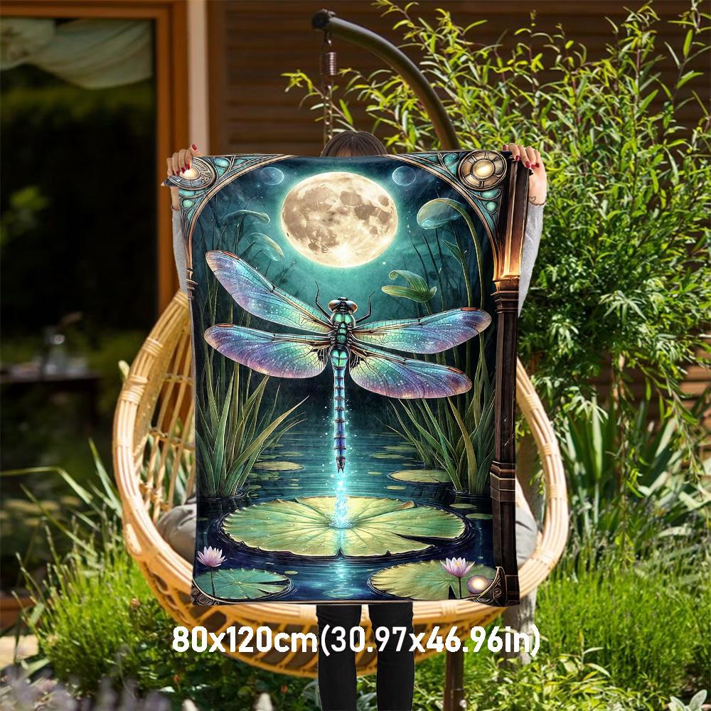 1PC Dragonfly MoonlightOutdoor Flannel Blanket - Soft Plush Decor for Picnics, camping, Bedroom, Playroom, Office, or Lunch Break 1221A