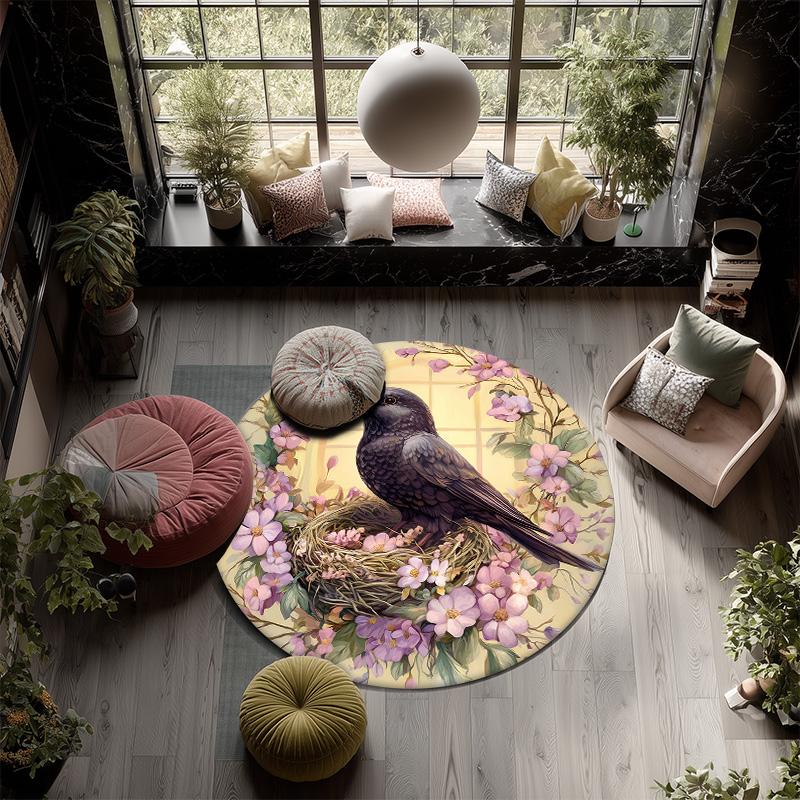 Flower Bird,Round Area Rug,Carpet Rug for Living Room Bedroom Sofa Playroom Decor,Non-slip Floor Mat