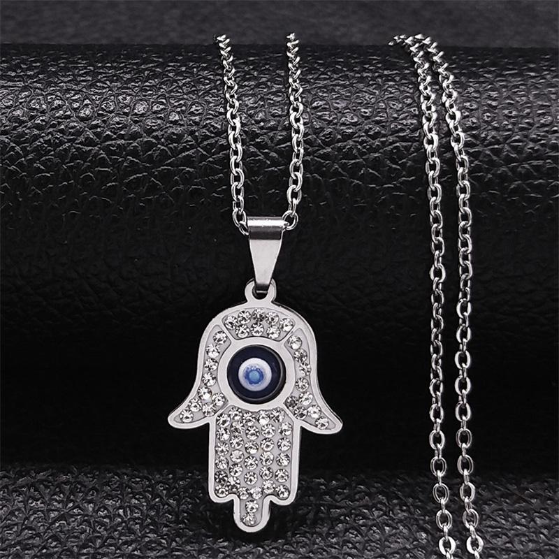 Collier Oeil Grec Main de Fatima pour Femmes Hommes Acier Inoxydable Chaîne de Protection Oeil Bleu Maléfique Turc Bijoux Islamiques N8041S01