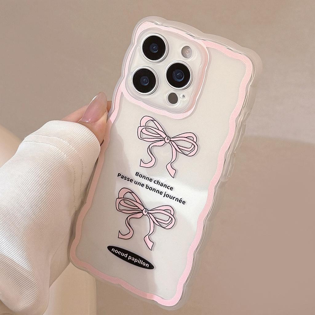 Pink Bow Suitable for IPhone16promax Apple 13 Mobile Phone Case 11 Transparent 15 Korean