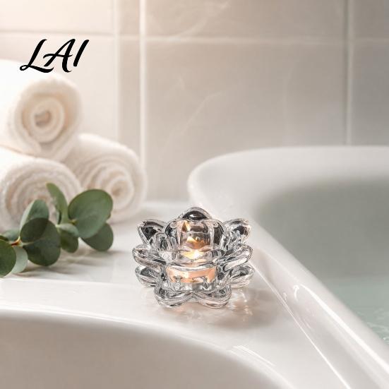 Grooved Candle Holder Crystal Lotus Flower Tealight Holders Glass Tea Light Candlestick Decor Wax Catching with Deep Plate Multifunctional