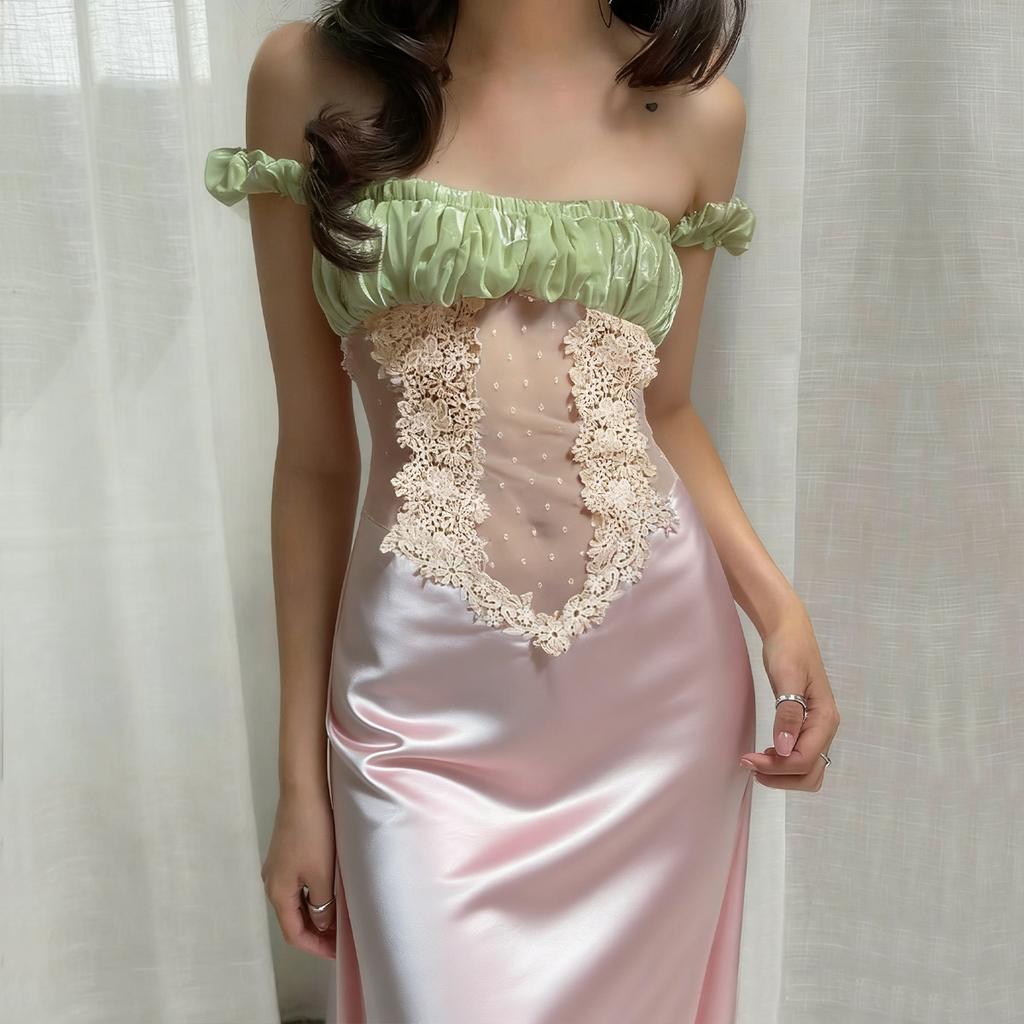 European and American women's clothing summer new French sweet slim-fitting high-waisted satin pleated color matching tube top dress