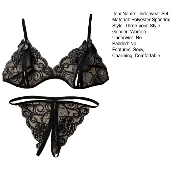 Set Sexy Transparent Sutiene și Chiloți Dantelă Florală Plasă Babydoll Set Lenjerie Intimă 2 Piese Sutiene Triunghiulare Transparente G-String Tangă cu Bretele pentru Femei