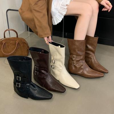 Removable 2-Wear 2025 Autumn/Winter Heightening Boots Point Sleeve Martin Boots Belt Buckle Middle Heel Short Boots