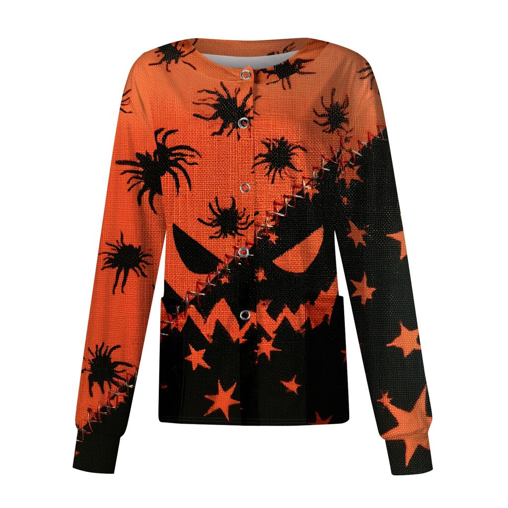 Women's Casual Long Sleeve Button Down Halloween Print Top for Costume Wear