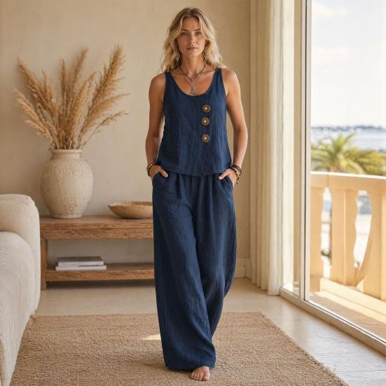 Yousheng Sleeveless 2 Piece Sets for Women, Buttons Crew Neck Tank Top And Wide Legs Pants Matching Sets, Summer Loose Lounge Outfits