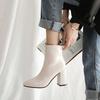 Fashion Shoes Women Ankle Boots Patent Leather Plus Size 33-45 Chelsea Boots Square Toe Side Zipper Autumn Winter Shoes Women Beige Blac