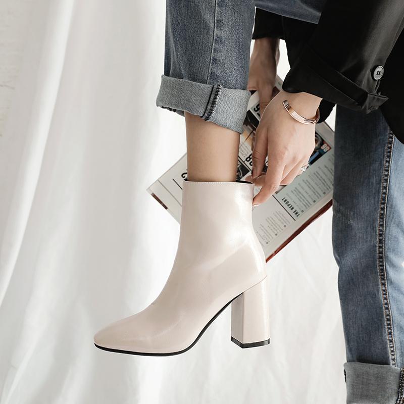 Fashion Shoes Women Ankle Boots Patent Leather Plus Size 33-45 Chelsea Boots Square Toe Side Zipper Autumn Winter Shoes Women Beige Blac