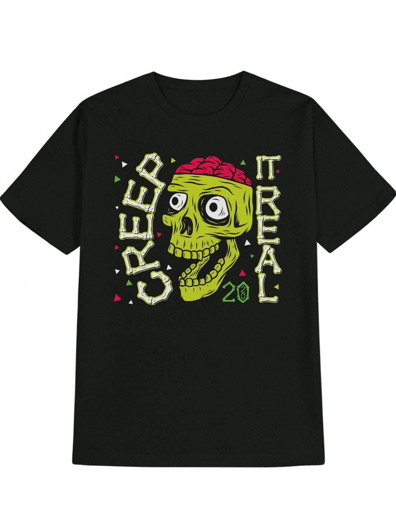 Casual Crew Neck T-shirt with Green Skull and Red Bandana Print XXXXL