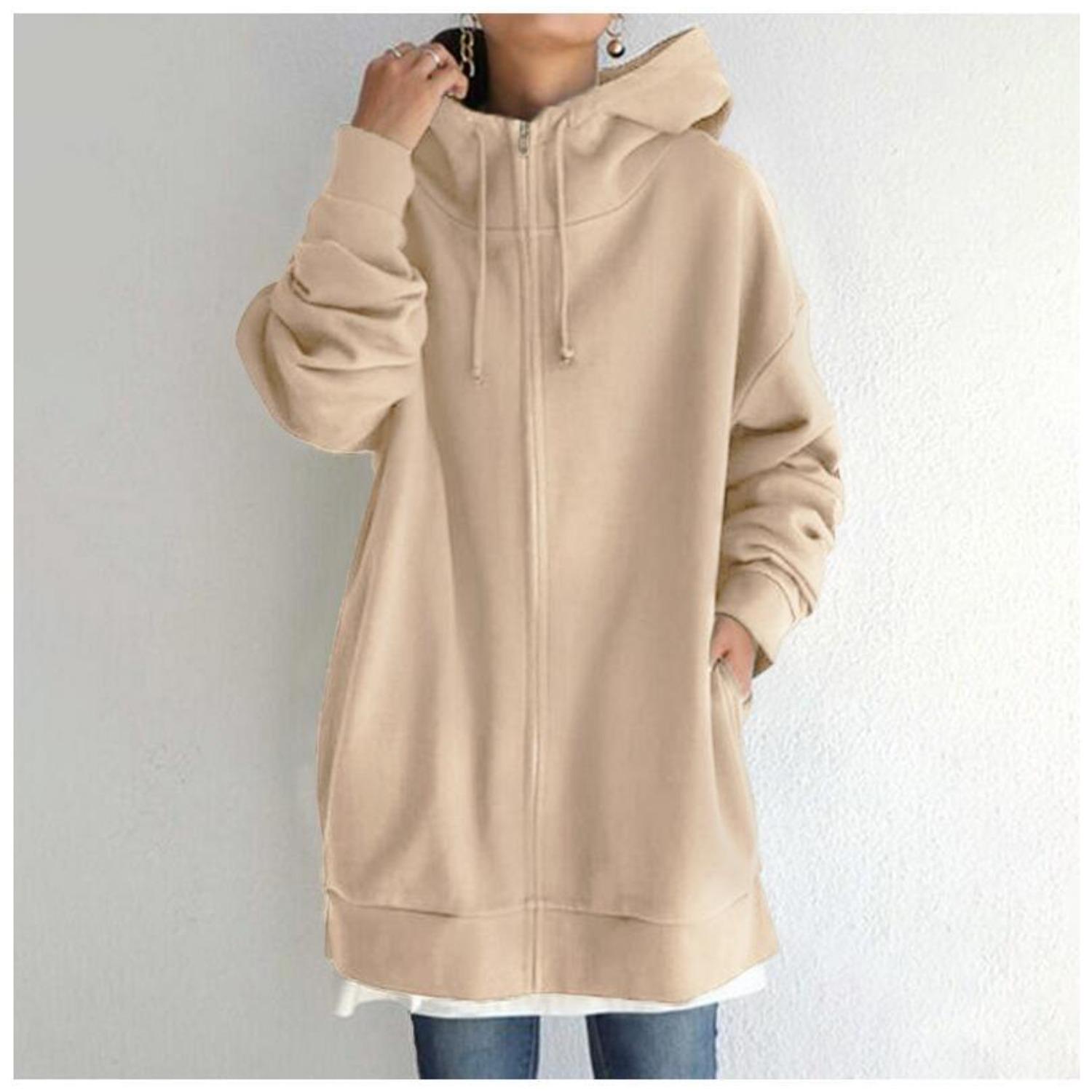 Women s Hooded Long Sleeve Loose Fit Zip Up Sweatshirt Casual Solid Color Streetwear Top S