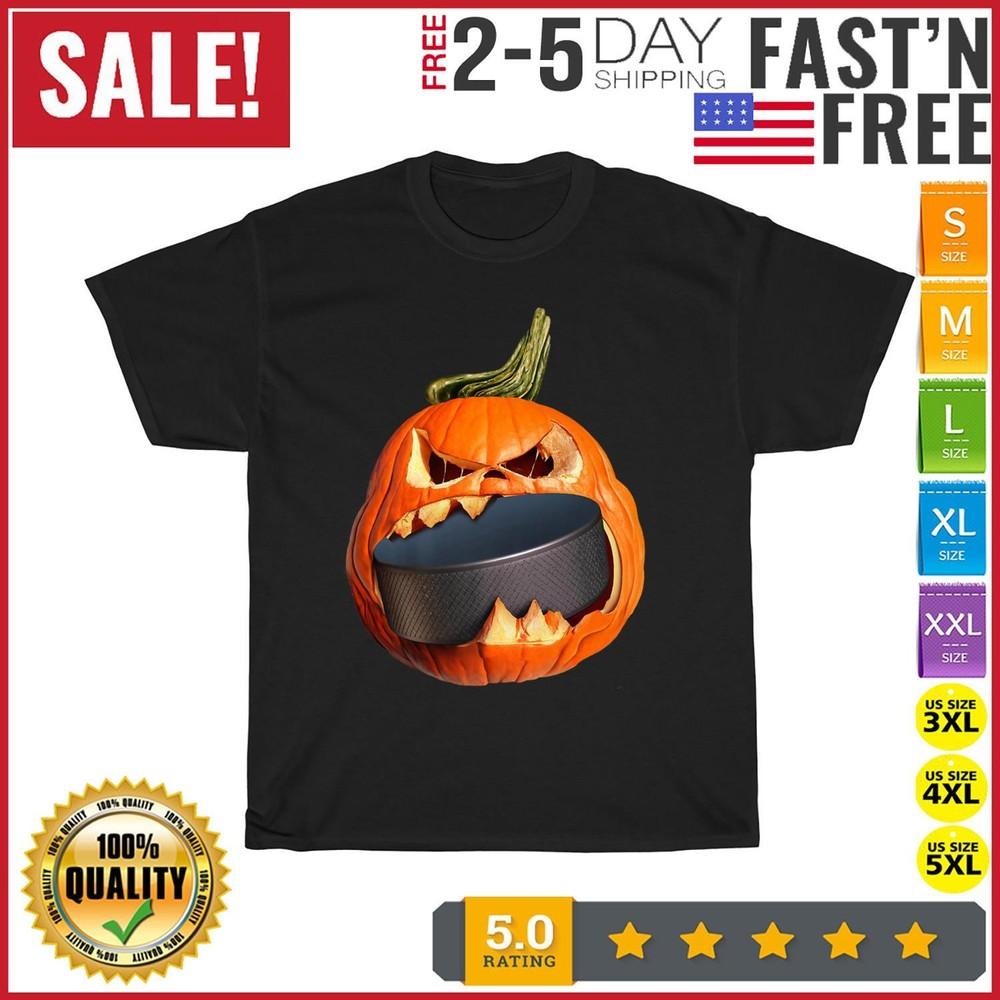 

Halloween Hockey Pumpkin Eating Puck Vintage T Shirt Men Women Fashion NEW 2023 4XL