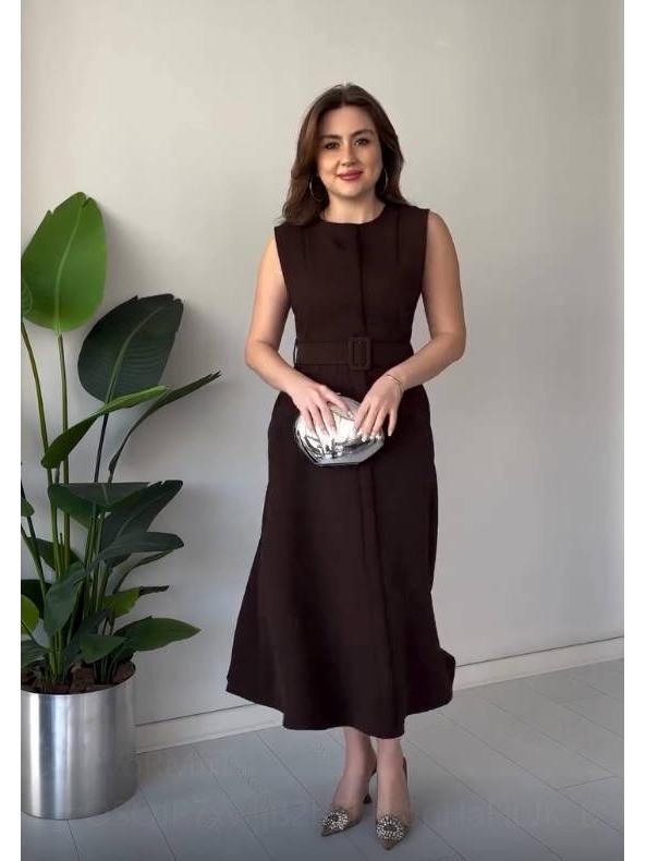 

2025 European & American Round Neck Sleeveless Solid Color Women s Sexy Slim Fit Casual Dress XS кофейный