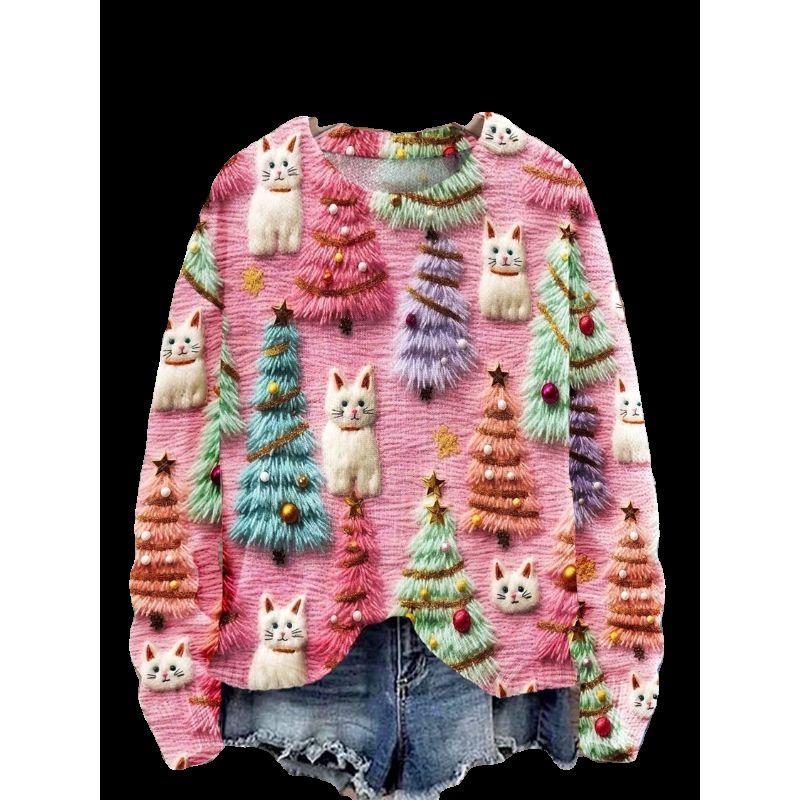 Fall and Winter Cross-Border New Arrival Sweatshirt Female 3D Digital Print Christmas round-Neck Shirt Tops Christmas Hoodie