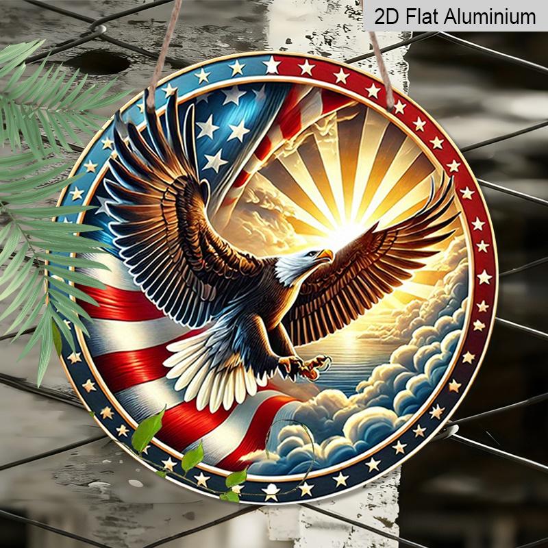 2D Flat 1pc American Flag Aluminum Metal Tin Sign, Freedom Spirit Round Aluminum Sign, Eagle Soaring 7.87X7.87 Round Aluminum Sign - Patriotic Pride