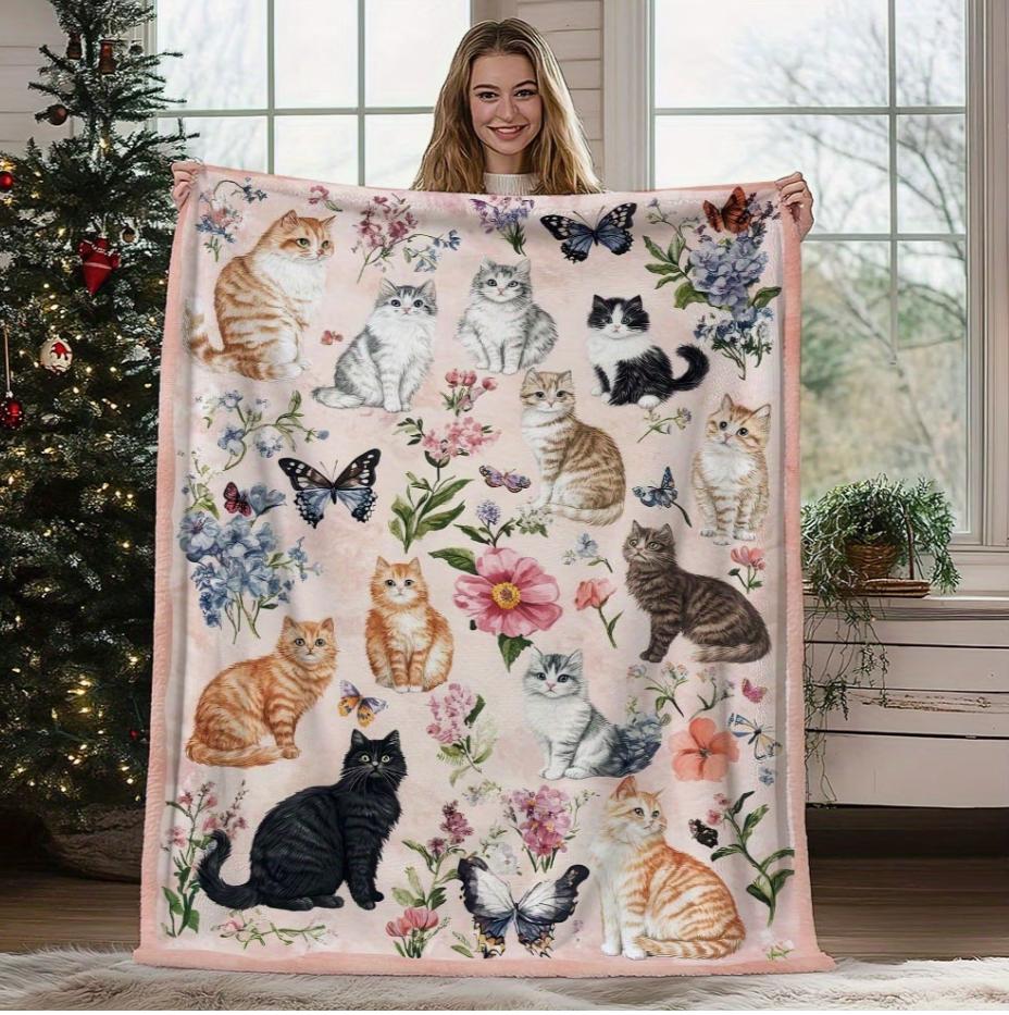 Cozy and Soft Fleece Throw Blanket Featuring Adorable Cats and A Floral Sofa Bed or In The Living Room It'S Warm and Comfortable