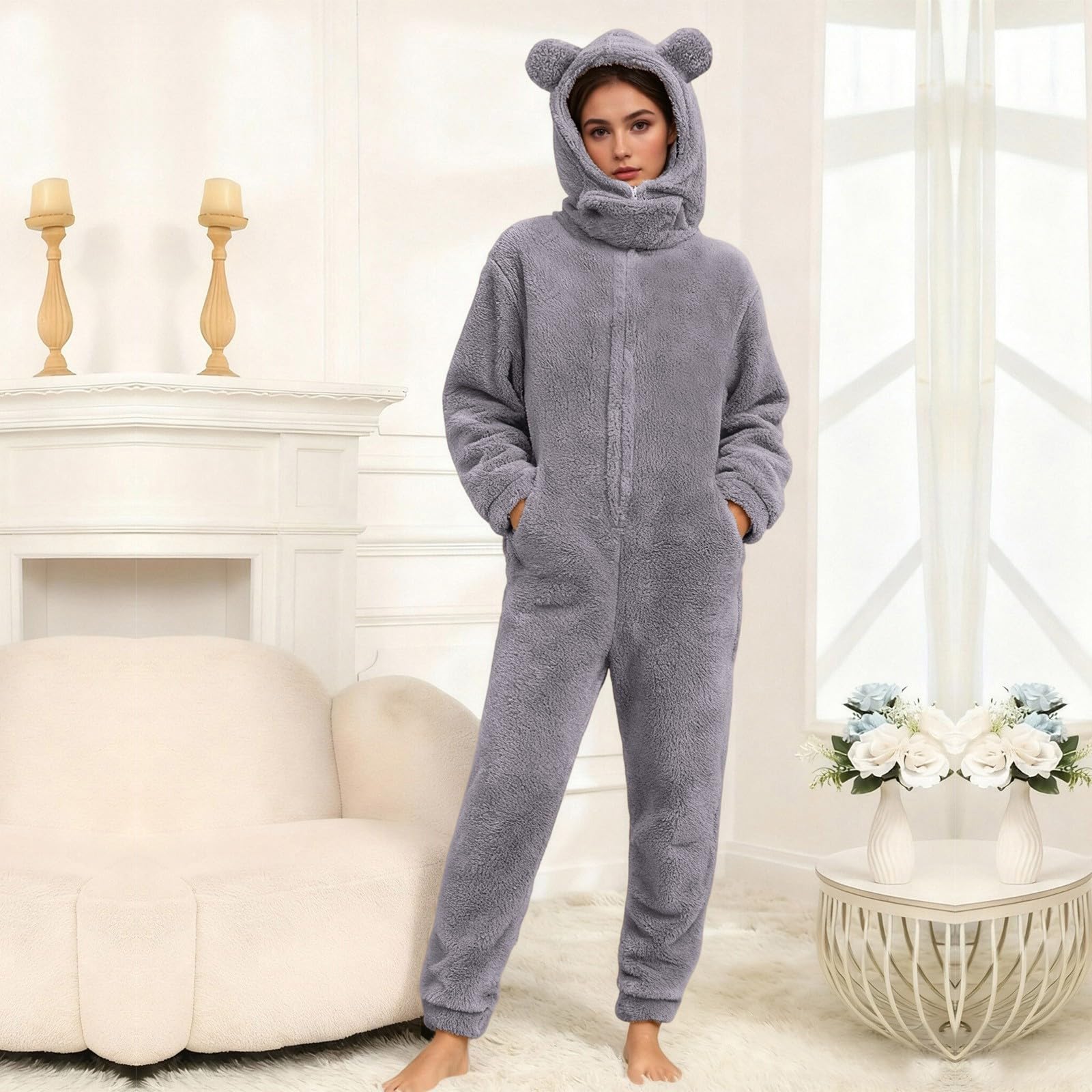 

Комбинезоны-худи для женщин Флисовый комбинезон Теплая пижама Ромпер для сна На молнии с капюшоном L