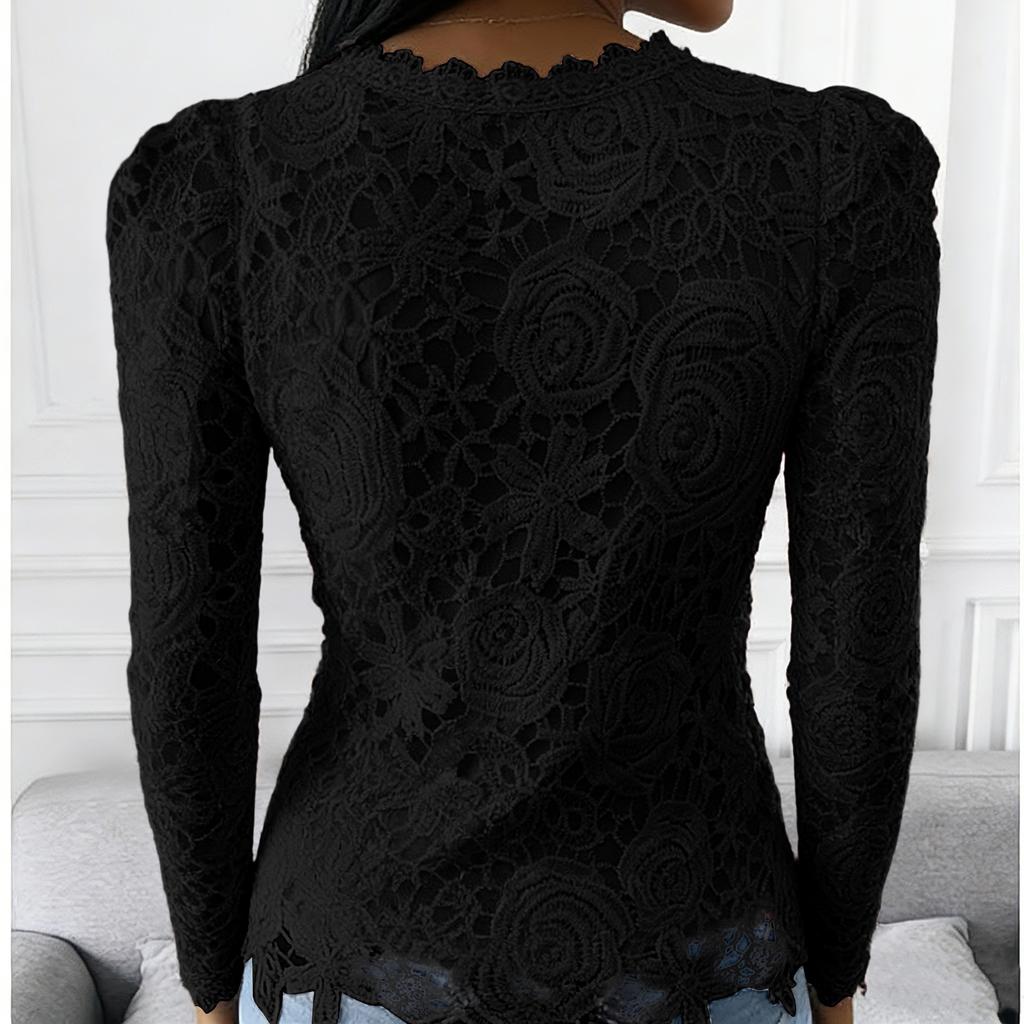 Dámský barevný ležérní elegantní krajkový top s kulatým výstřihem a dlouhým rukávem