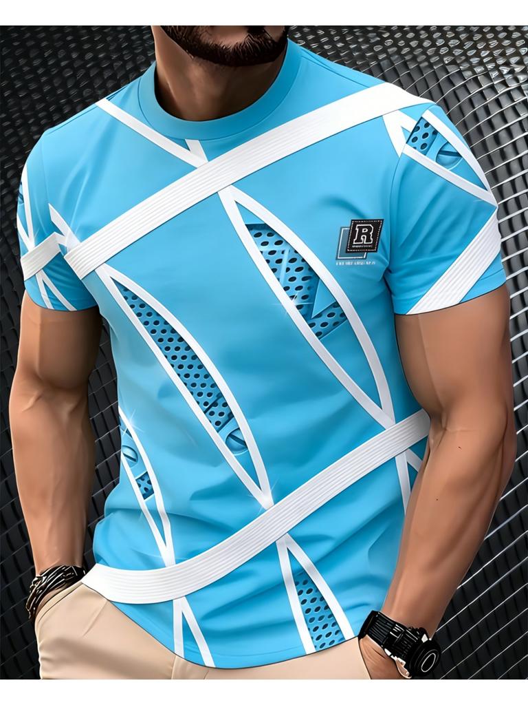 Men's T Shirt Breathable 3D Digital Print Striped T-Shirt - Short Sleeve Round Neck Summer Casual Comfortable Stretch Fit