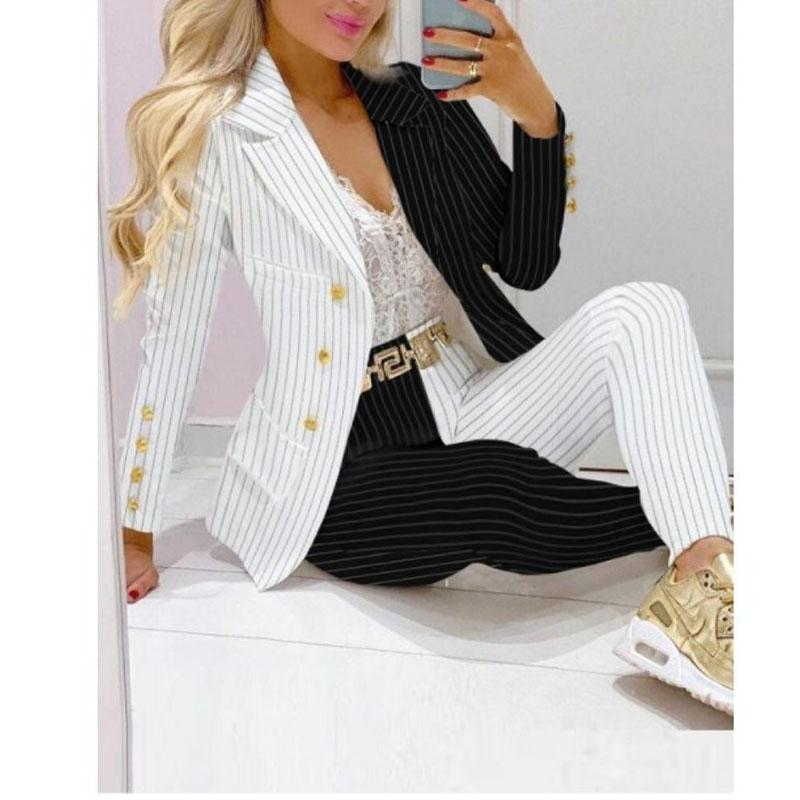 2PCS Women Blazer Suit Lapel Jacket Coat + Pants Co-ord Set Formal Office Outfit