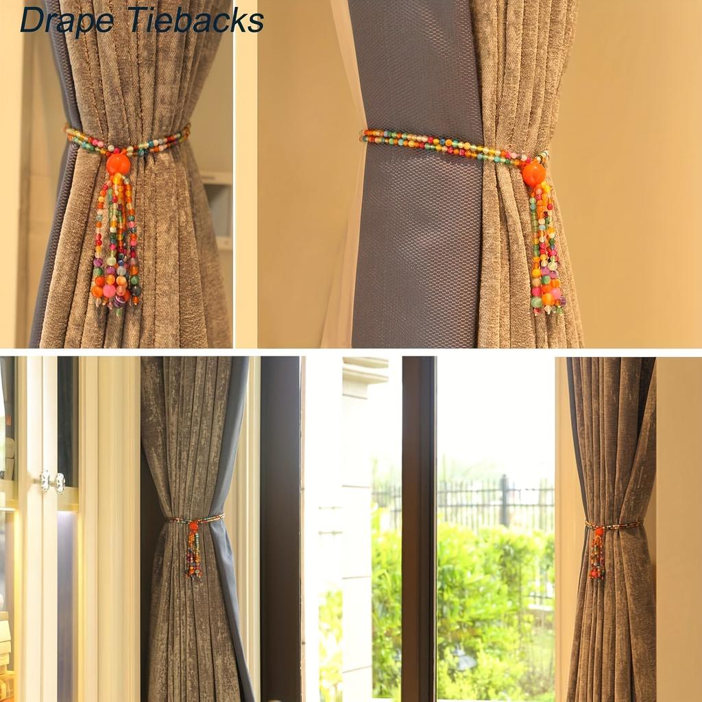 Orange Natural Bead Curtain Tiebacks with Colorful Glass Beads and Magnetic Clasp