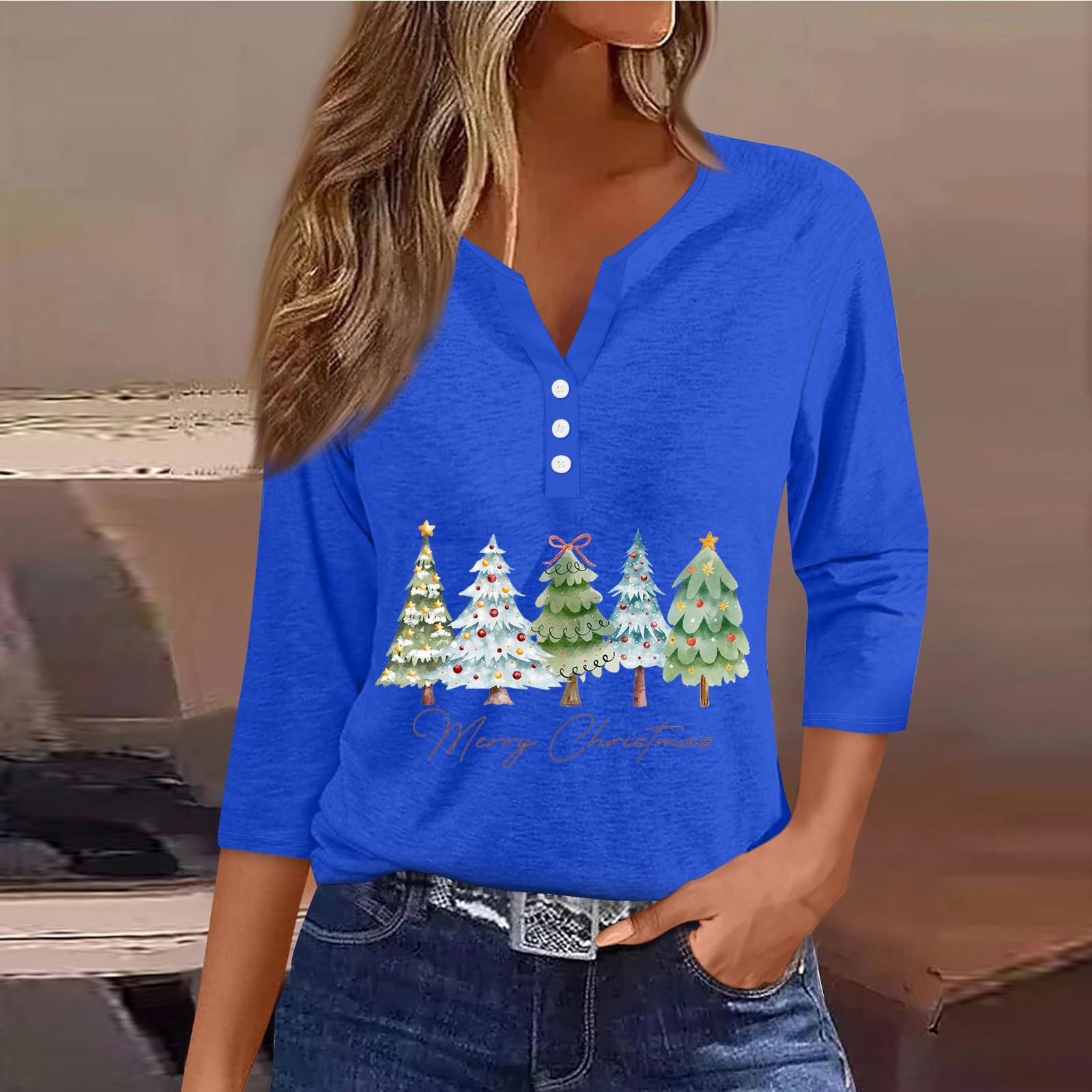 

Жен. Футболка Футболка С принтом Пуговицы Рукав 3/4 Повседневные Выходные Мода Классический V-образный вырез Обычный Топ L синий