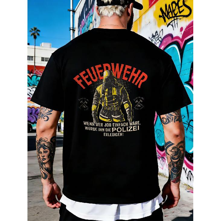 Black T-Shirt Firefighter Graphic Print with German Text And Fireman Design for Outdoor Activities And Casual Wear