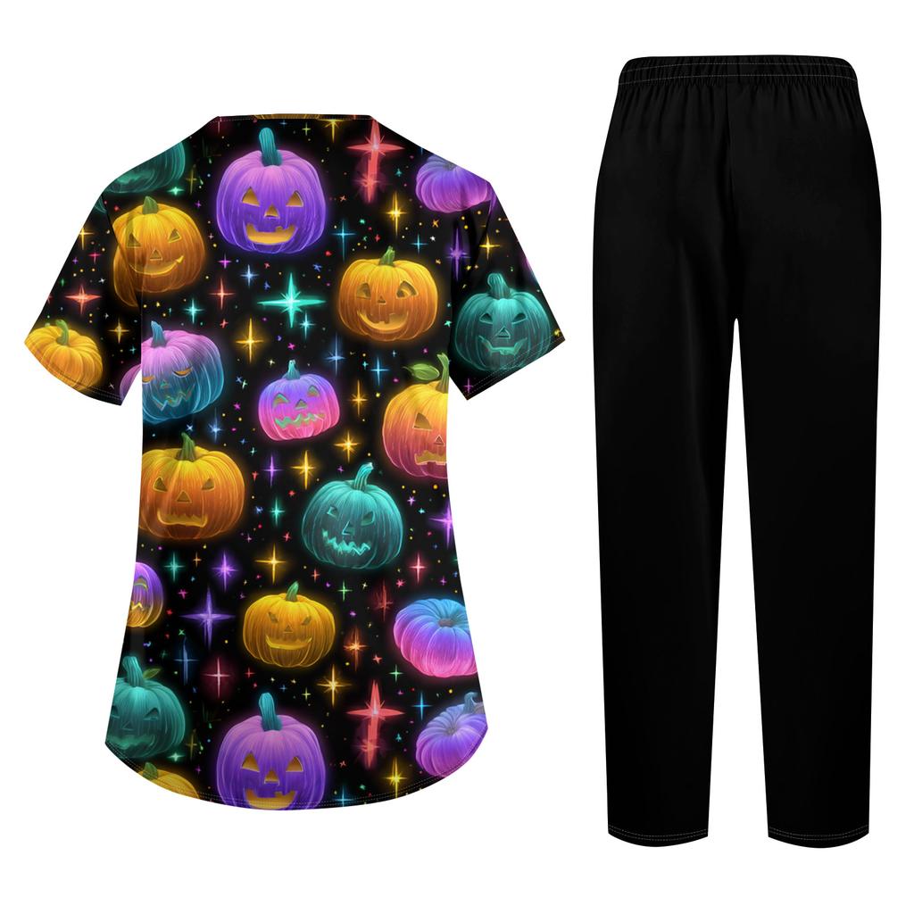 Women's Costume Set Short Sleeve Halloween Print Top and Pants with Pockets 2 Piece Work Uniform