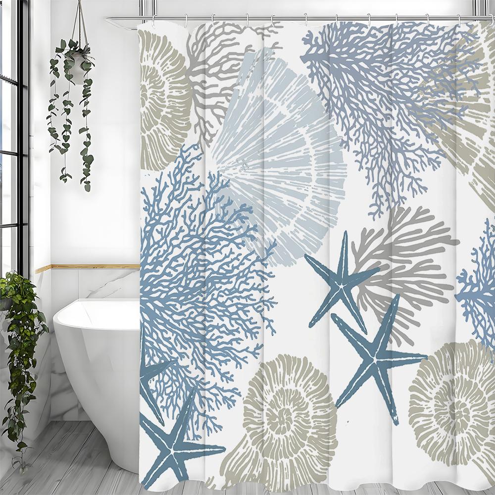 Modern Geometric Shell Textured Ocean Blue Shower Curtain, Bathroom Decorative Shower Curtain, Waterproof Shower Curtain with Ho