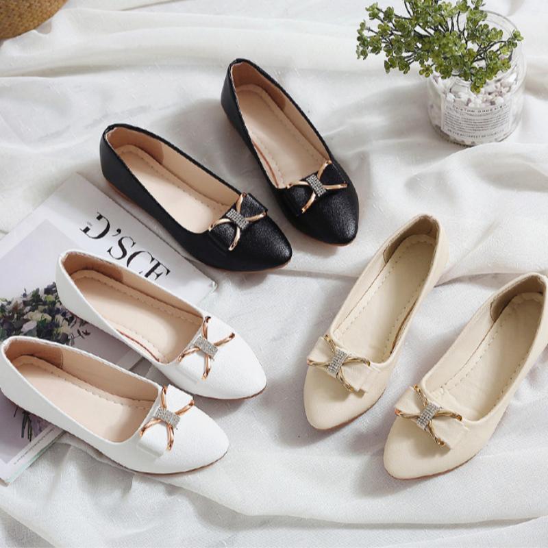 Korean Spring and Summer Fashion Women's Shoes Bowknot Bean Shallow Mouth Pointed Toe Low Heel Flat Bottom Rhinestone Single Shoes