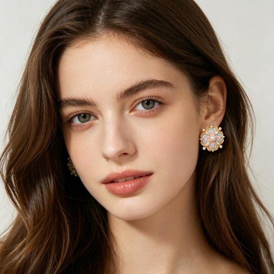 1 Pair Stud Earrings Imitation Pearl Cubic Zirconia Stone Inlaid Flower Shape French Style Blue Enamel Ear Studs Jewelry Gift