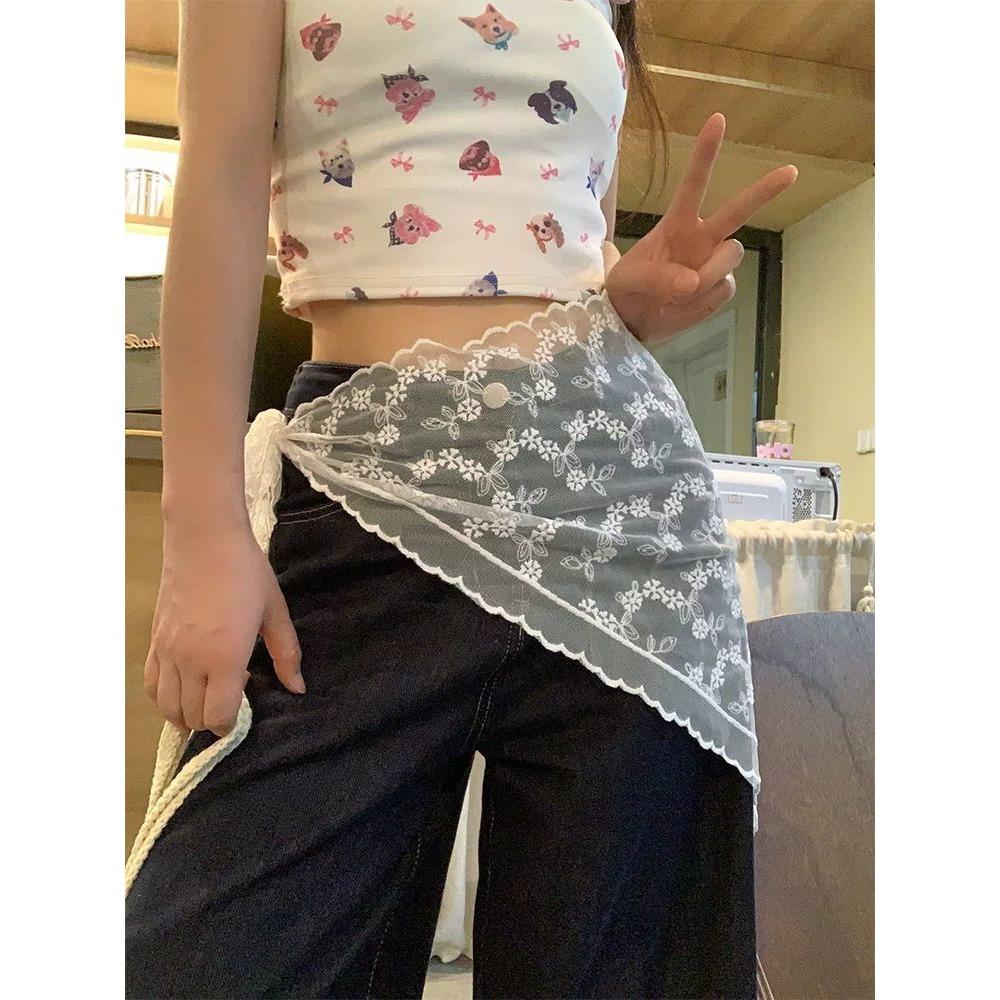 Korean Layering Scarf | 2025 White Lace Skirt Slimmer | Adjustable Waist Wrap