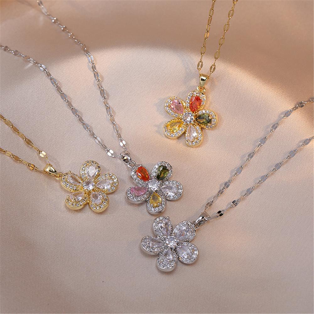Female Crystal Rainbow White Zircon Stone Flower Pendant Necklace Vintage Gold Color Wedding Jewelry For Women