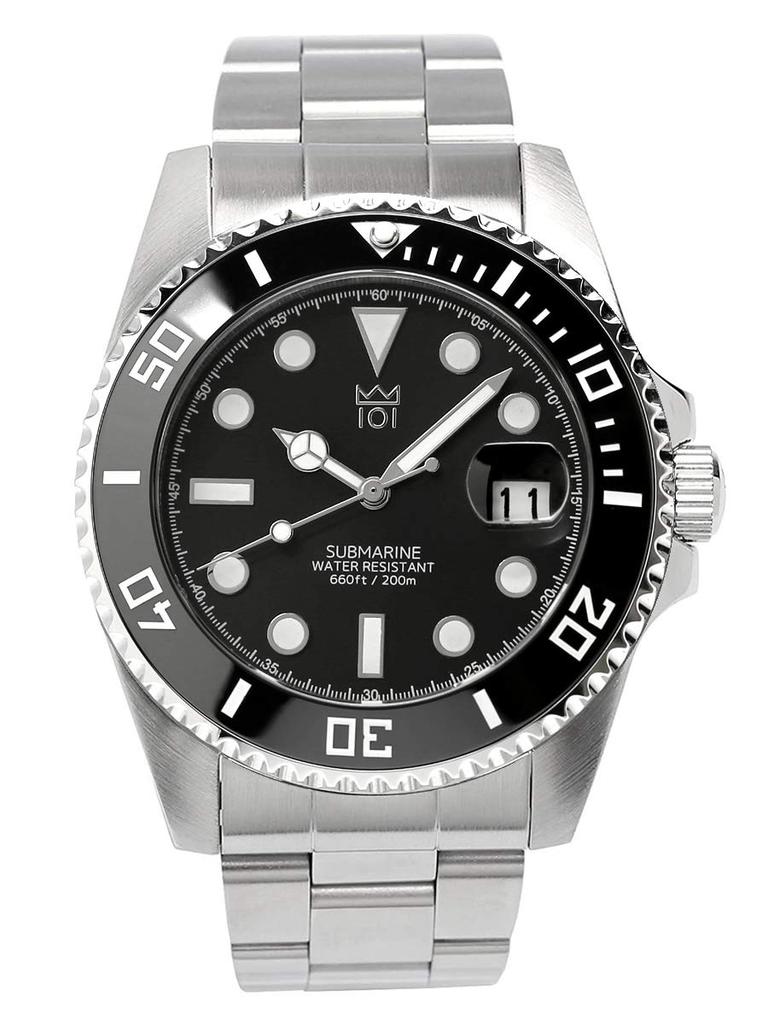 HYAKUICHI 101 No.1Z Men's Quartz Dive Watch, 20 ATM Water Resistant, Ceramic Bezel, Calendar, Metal Band (Black)