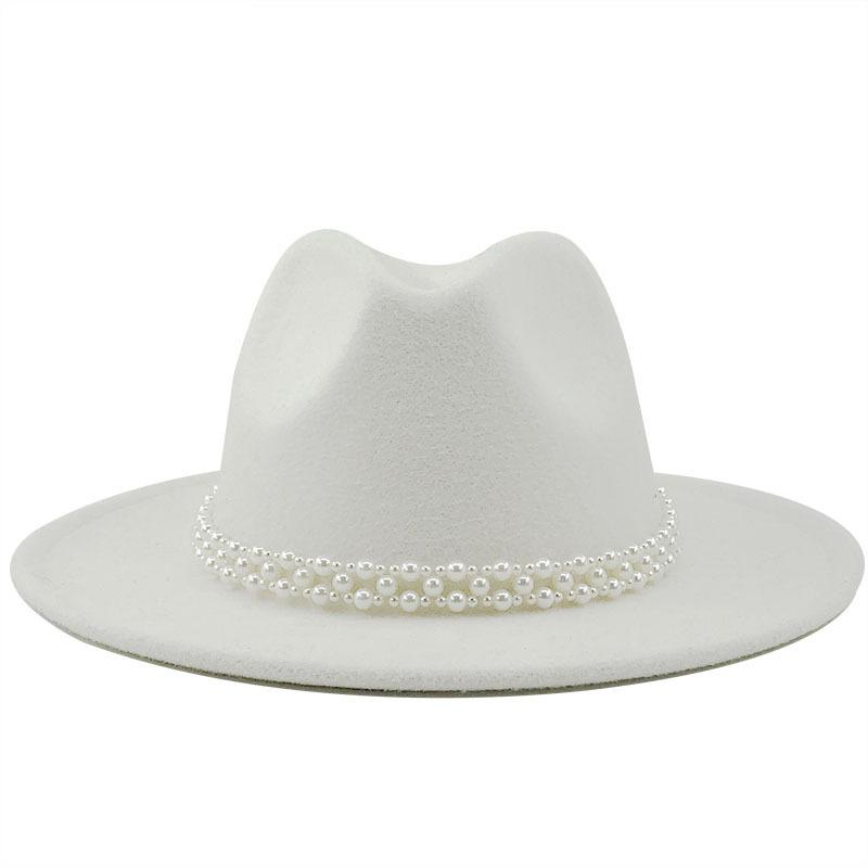 Woolen Hat Elegant Fashion Pearl Woolen Hat British Style Jazz Hat Big Brim Hat Women's Autumn and Winter Top Hat