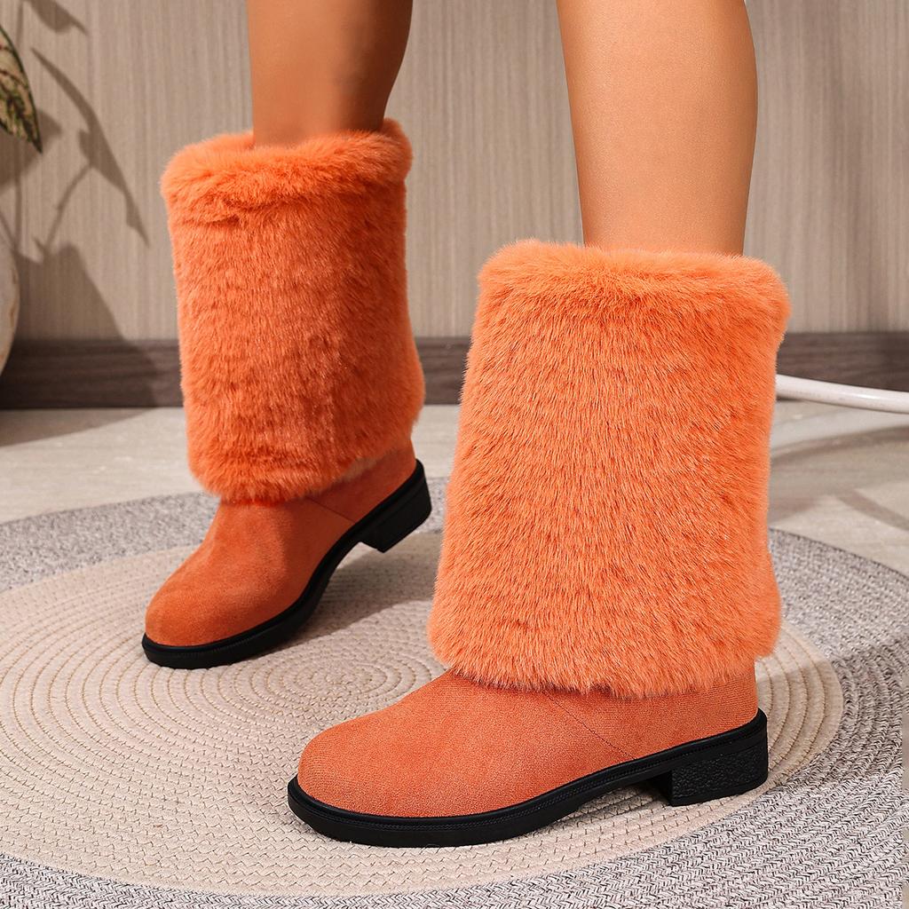 Women's Plus Size New European American Style Furry Patchwork Chunky Heel Round Toe Western Cowboy Knee High Boots