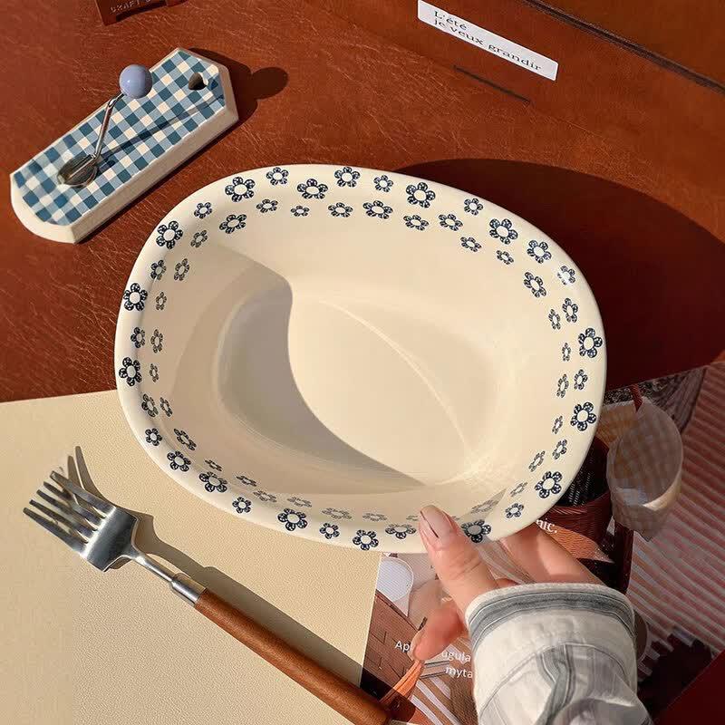 Retro Blue Floral Ceramic Salad & Soup Bowl