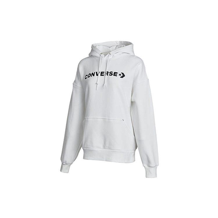 Converse, Solid Color Classic Logo Athleisure Fleece Lined Hooded Pullover Sweatshirt Women's White 10021657-A02