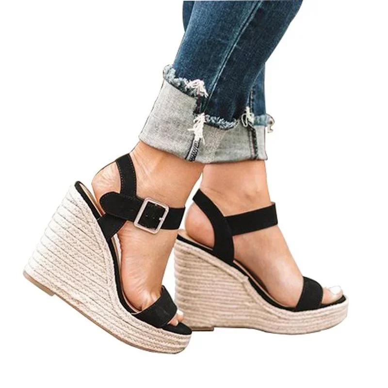 Dolgu Topuk Sandaletler 2024 Moda Örgü Platform Büyük Beden Yüksek Topuk Sandaletler Kalın Taban Retro Açık Burun Kadın Ayakkabıları