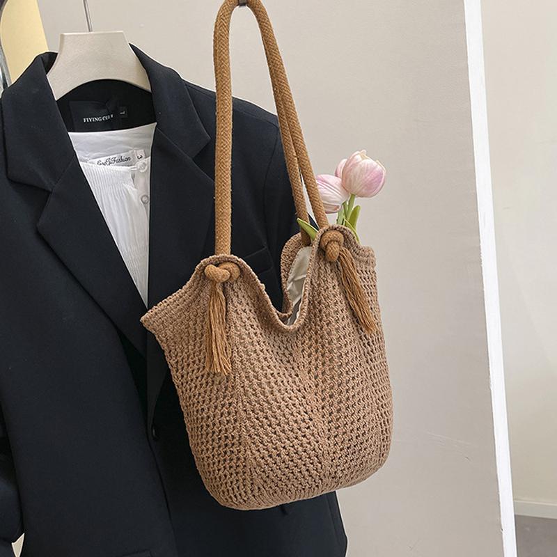 Portable Bohemian Knitted Shoulder Bag Hollowed Out Solid Color Casual Woven Handbag Sweet Soft Crochet Tote Bag CLE