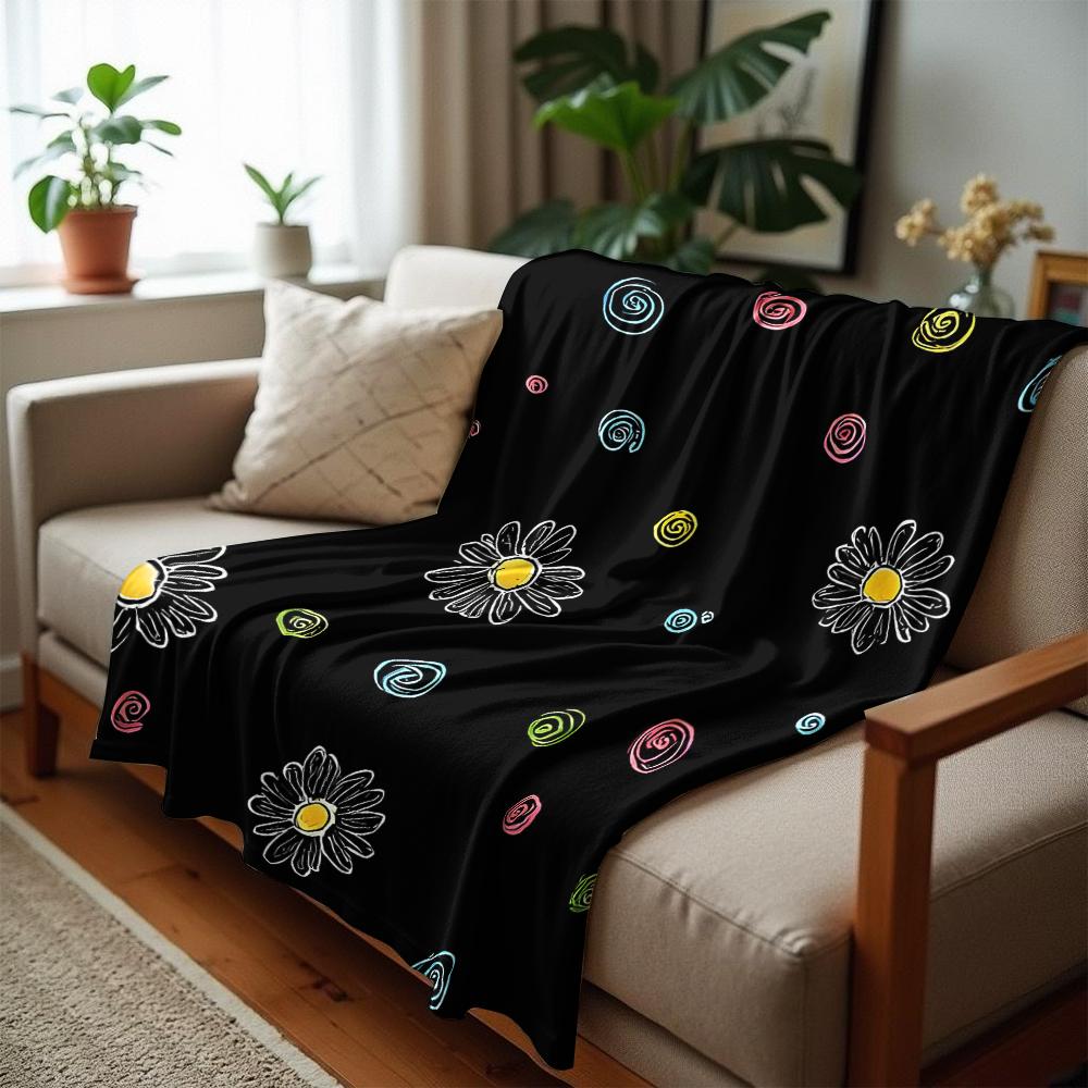 Doodle Gänseblümchen Wirbel Schwarz Anime Cartoon Flanelldecke Weiche Warme Decke für Schlafzimmer Sofa Auto Kinder Feiertagsgeschenk